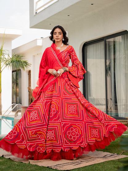 Bandhani Printed Cotton Lehenga & Blouse With Dupatta