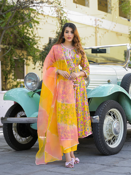 Yellow Floral Printed Muslin Kurta Pant with Dupatta