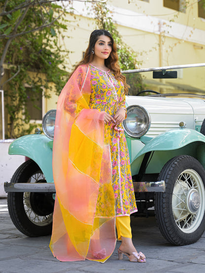 Yellow Floral Printed Muslin Kurta Pant with Dupatta