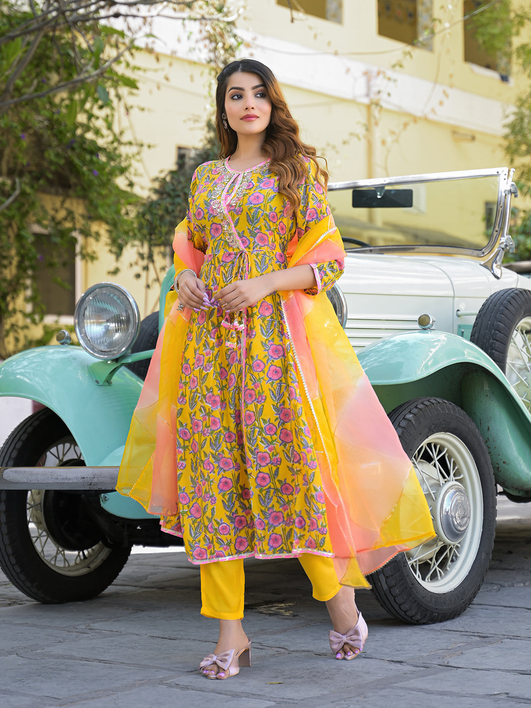 Yellow Floral Printed Muslin Kurta Pant with Dupatta