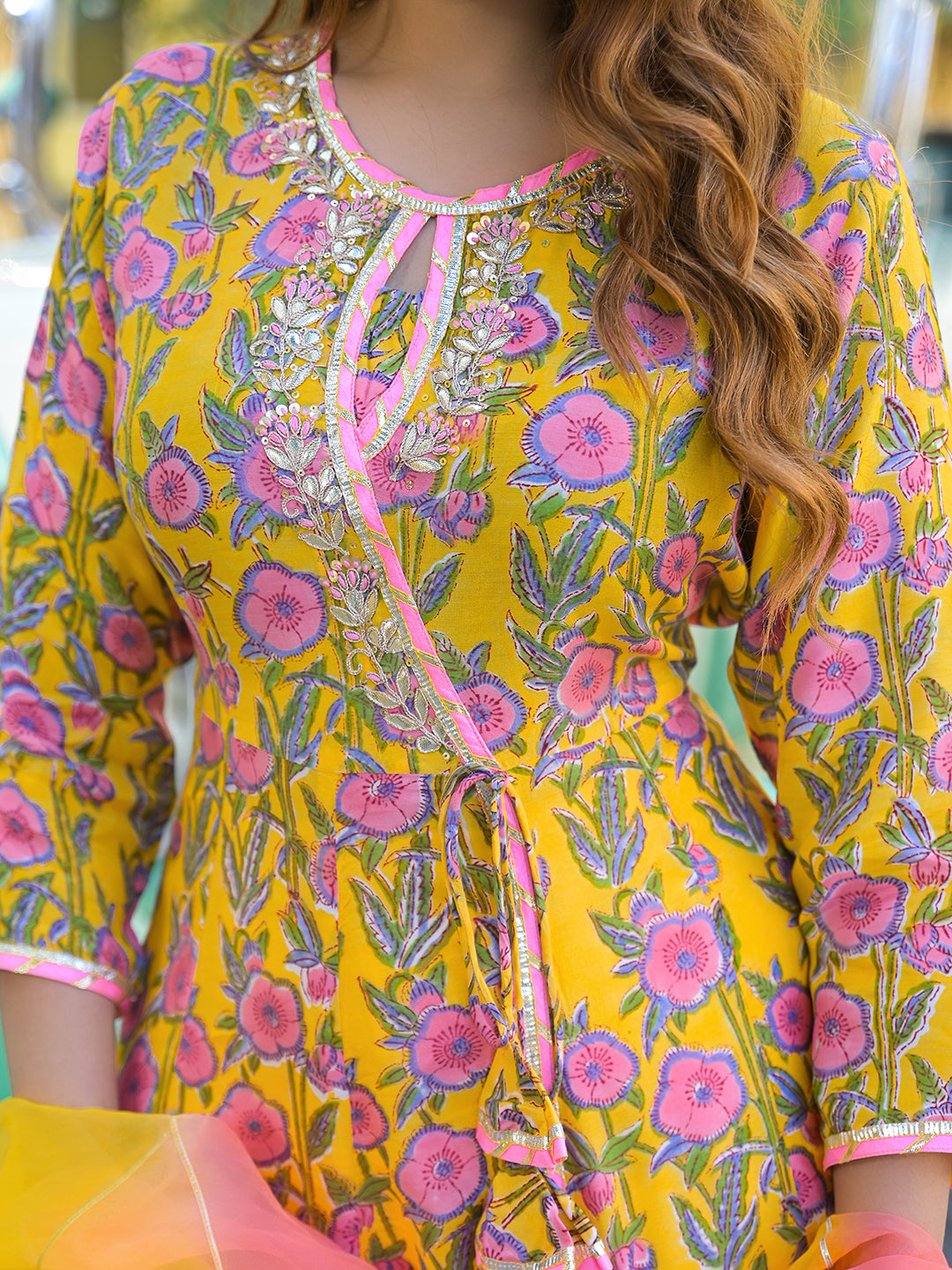 Yellow Floral Printed Muslin Kurta Pant with Dupatta