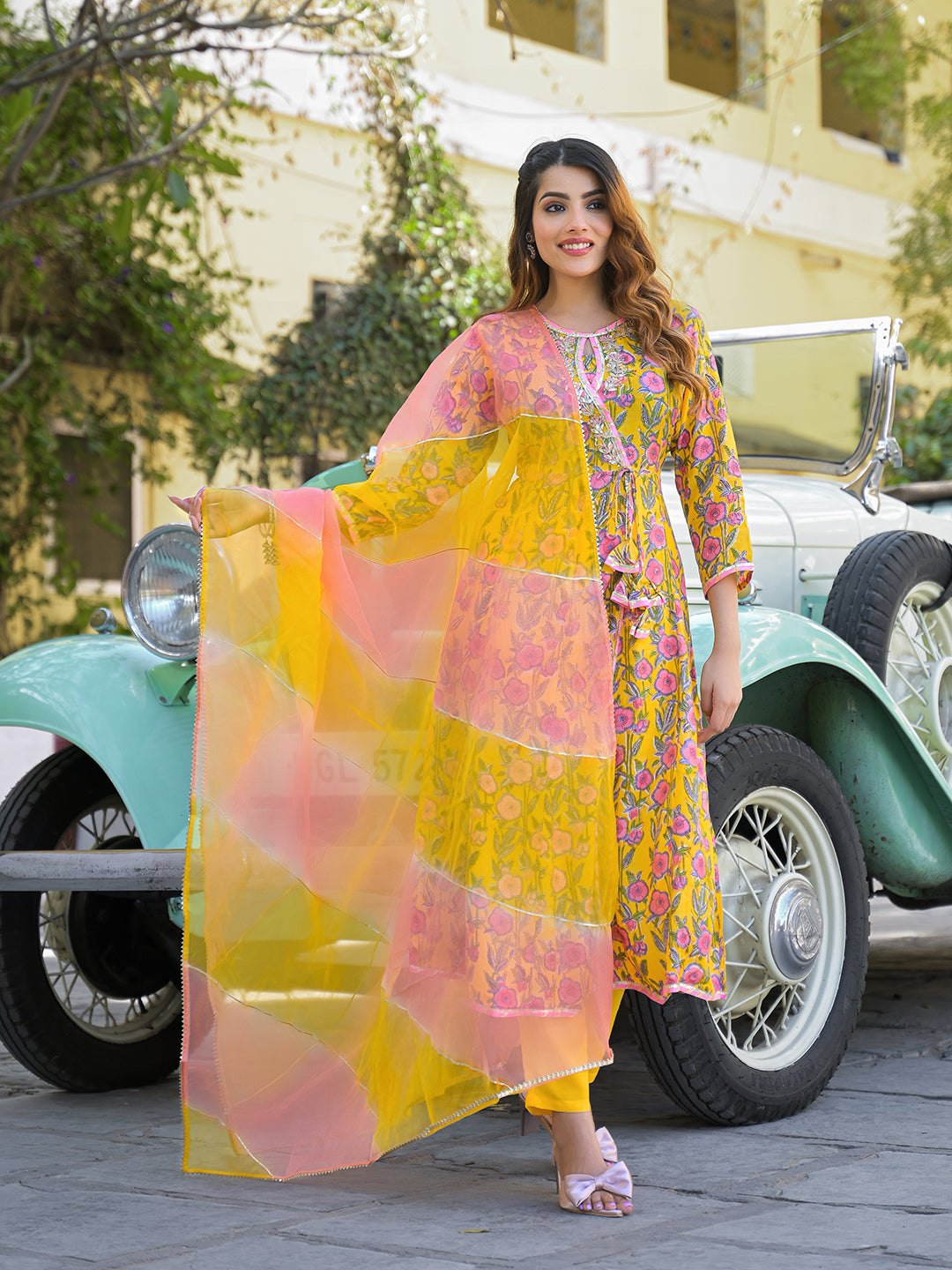 Yellow Floral Printed Muslin Kurta Pant with Dupatta