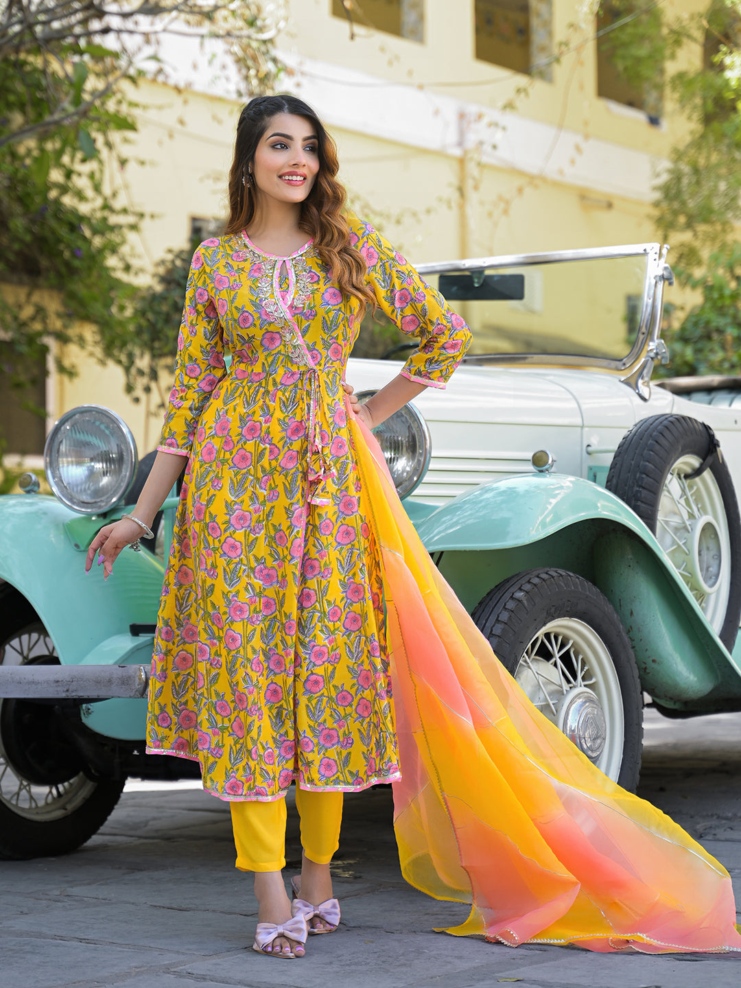 Yellow Floral Printed Muslin Kurta Pant with Dupatta