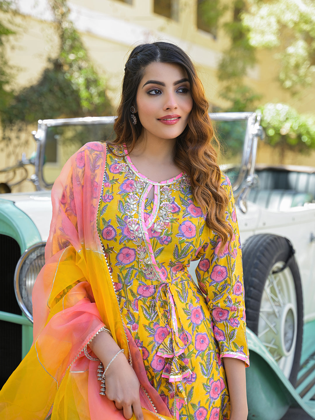 Yellow Floral Printed Muslin Kurta Pant with Dupatta