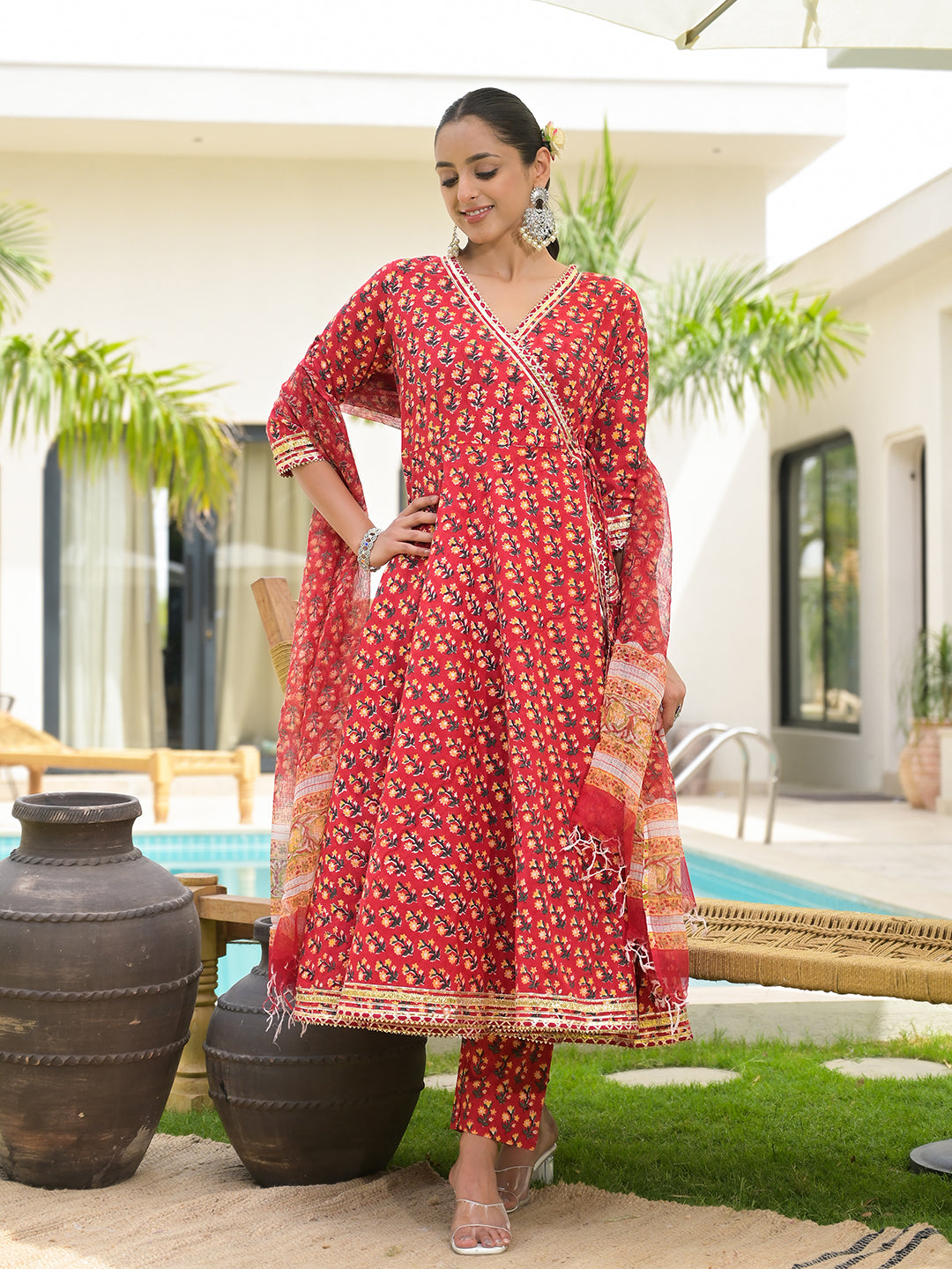 Red Floral Printed Round Neck Pure Cotton Anarkali Kurta With Trousers & Dupatta