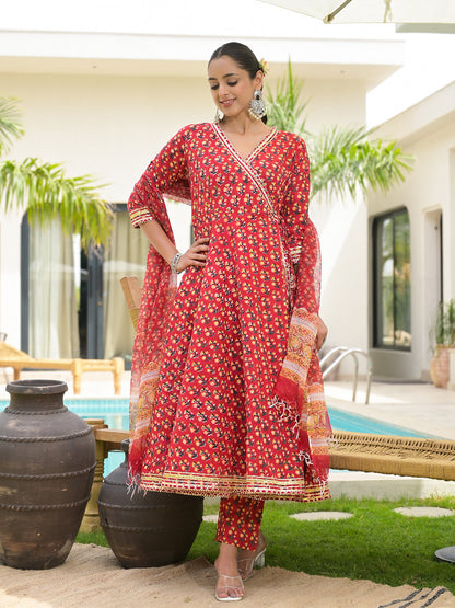Red Floral Printed Round Neck Pure Cotton Anarkali Kurta With Trousers & Dupatta