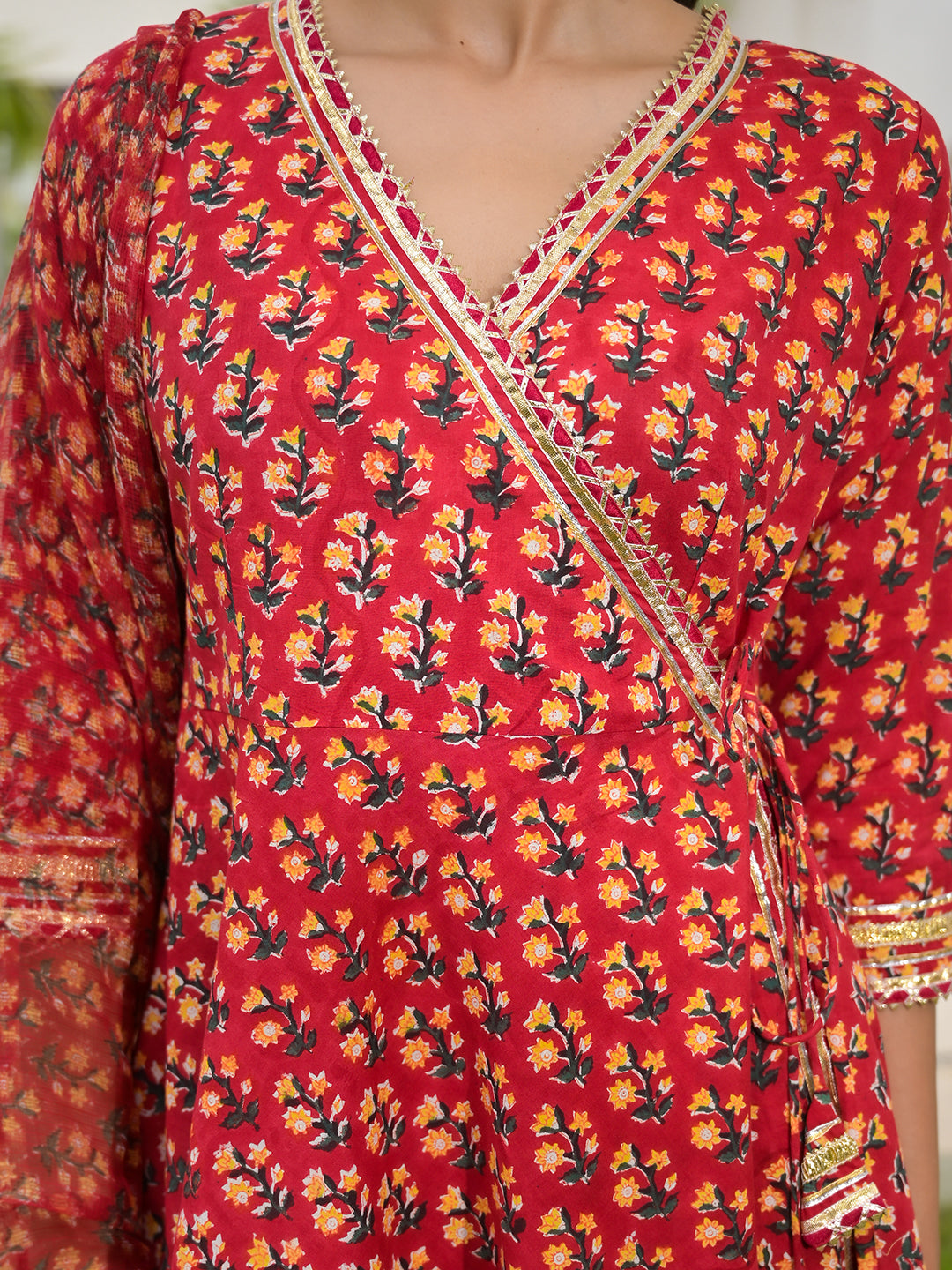 Red Floral Printed Round Neck Pure Cotton Anarkali Kurta With Trousers & Dupatta
