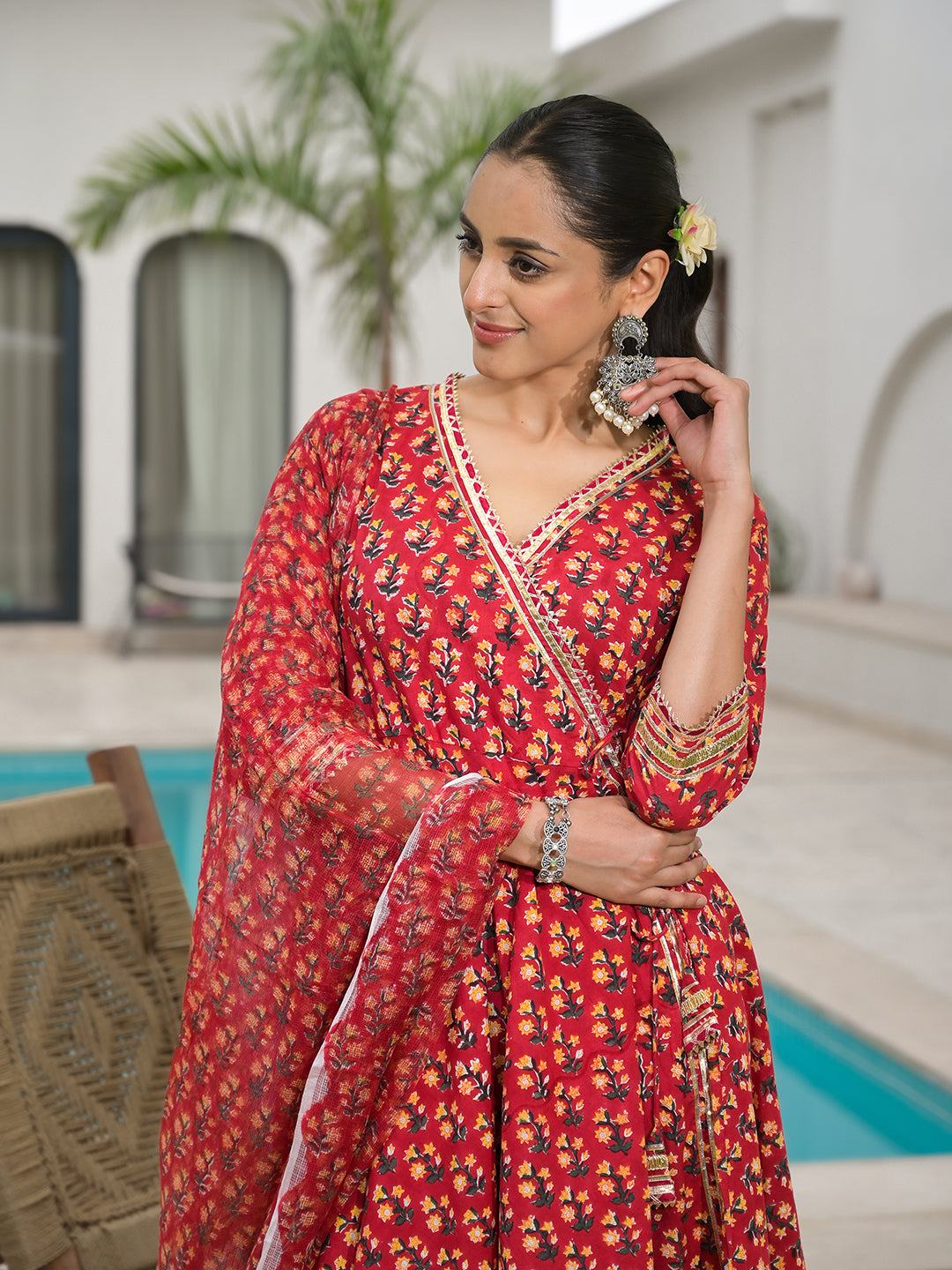 Red Floral Printed Round Neck Pure Cotton Anarkali Kurta With Trousers & Dupatta