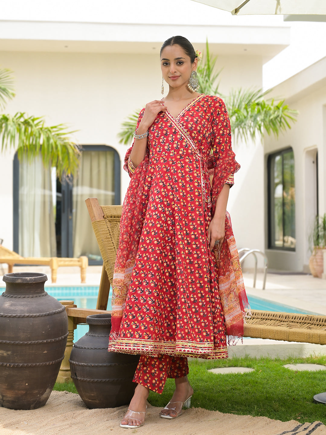 Red Floral Printed Round Neck Pure Cotton Anarkali Kurta With Trousers & Dupatta