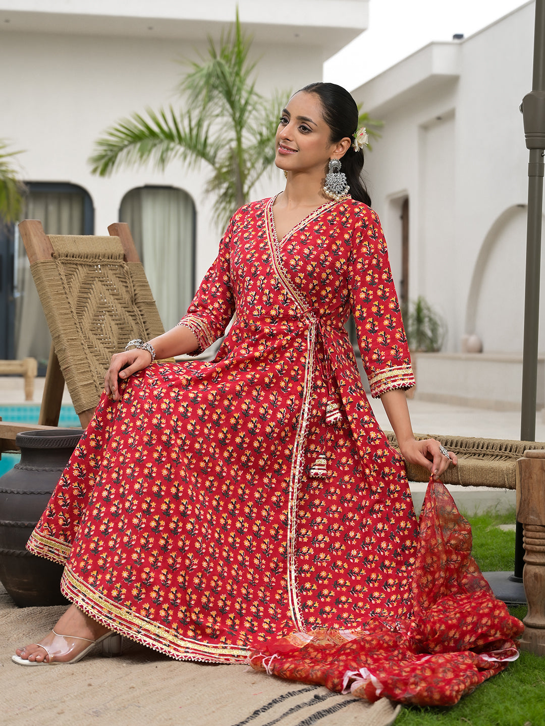 Red Floral Printed Round Neck Pure Cotton Anarkali Kurta With Trousers & Dupatta