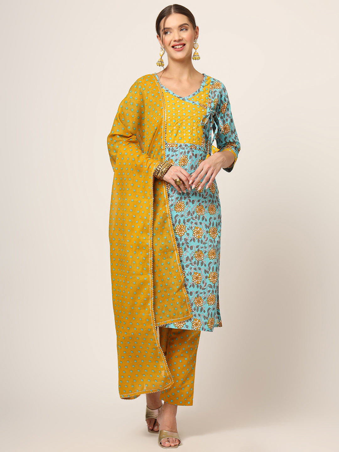 Blue Floral Print Cotton Straight fit Kurta Set