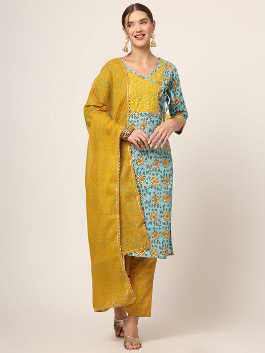 Blue Floral Print Cotton Straight fit Kurta Set