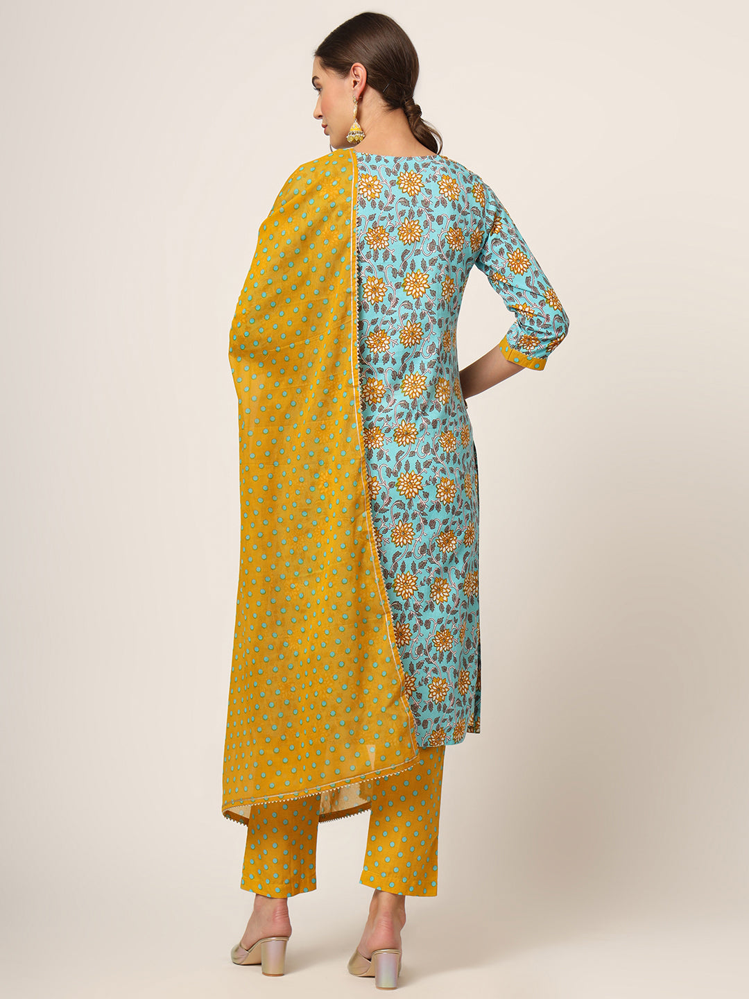 Blue Floral Print Cotton Straight fit Kurta Set