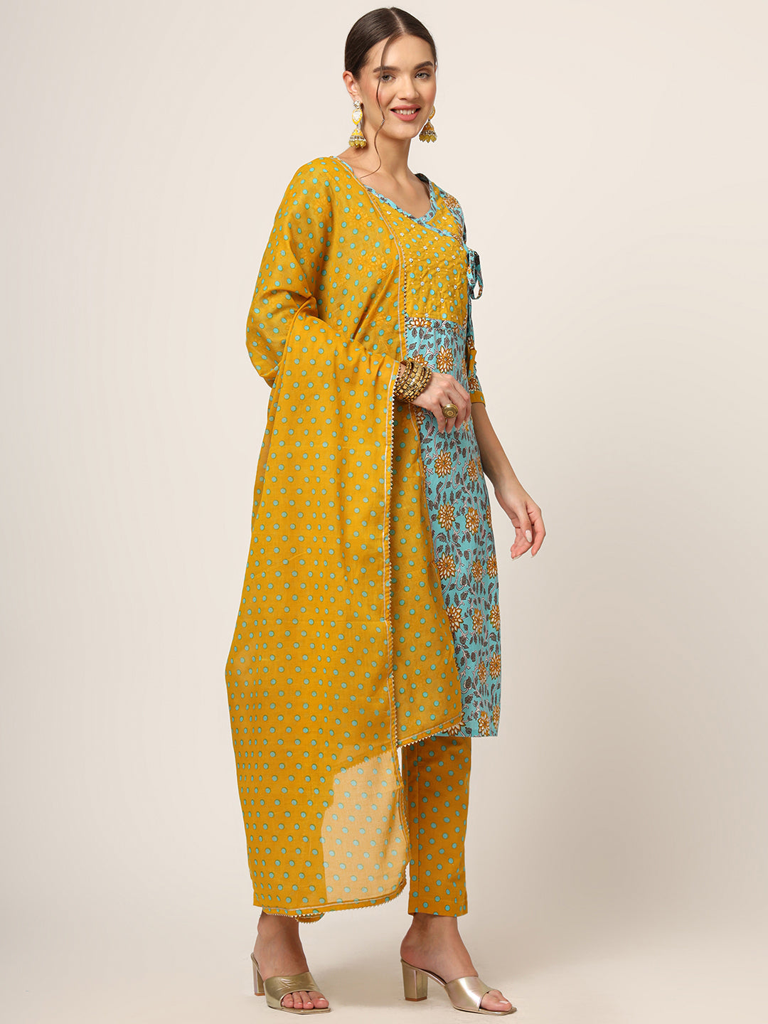 Blue Floral Print Cotton Straight fit Kurta Set