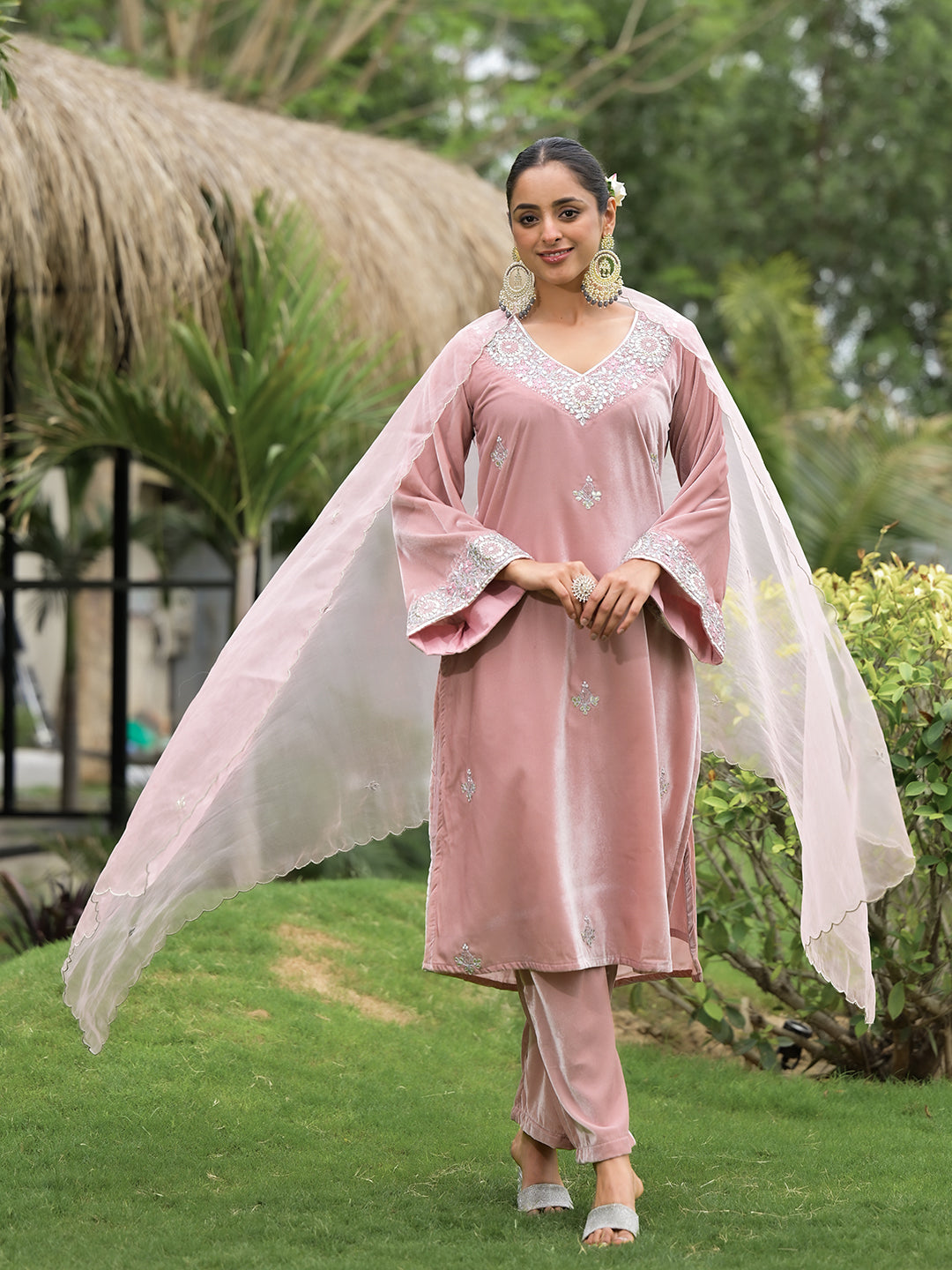 Pink Embroidered Velvet Kurta Pant Dupatta Set