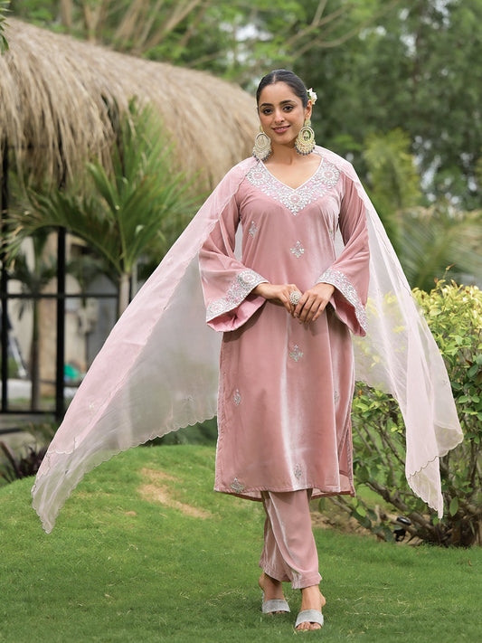 Pink Embroidered Velvet Kurta Pant Dupatta Set