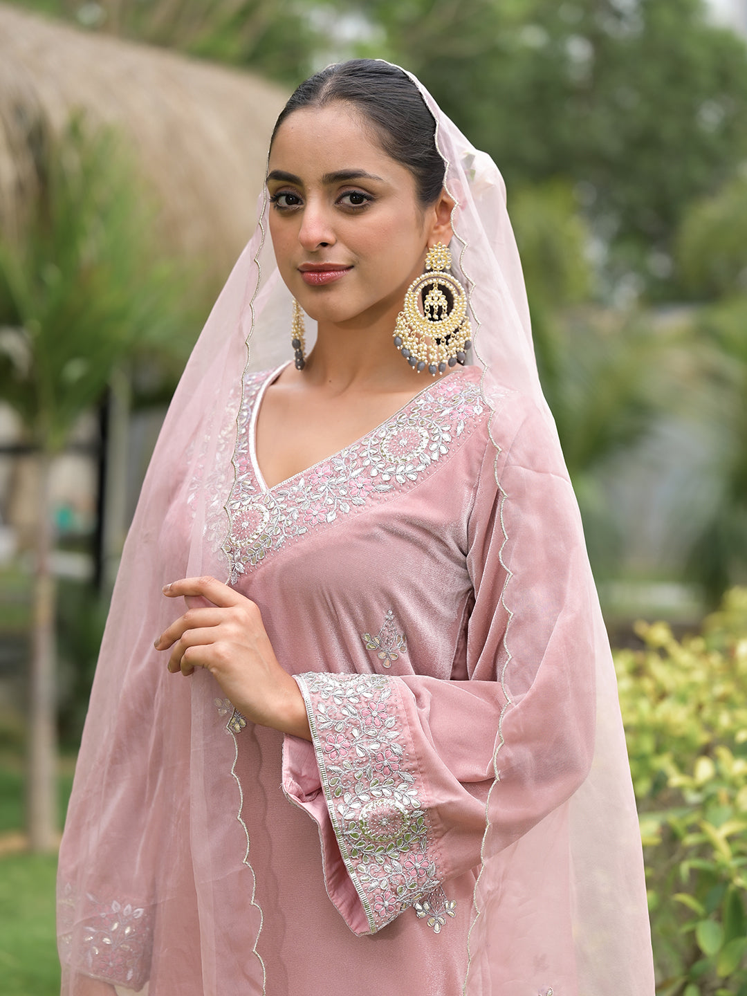 Pink Embroidered Velvet Kurta Pant Dupatta Set