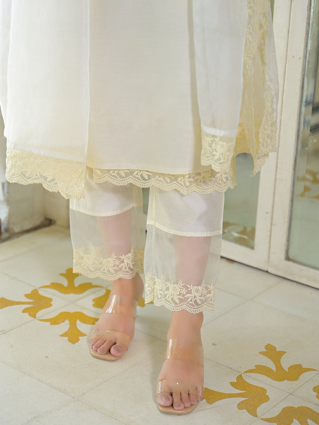 Cream Chanderi Kurta Pant With Dupatta