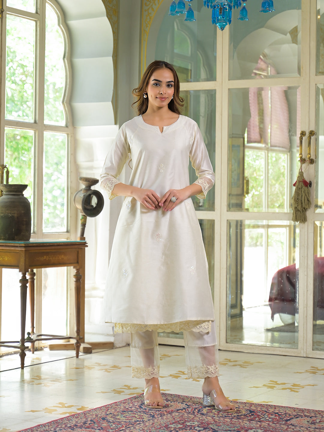Cream Chanderi Kurta Pant With Dupatta