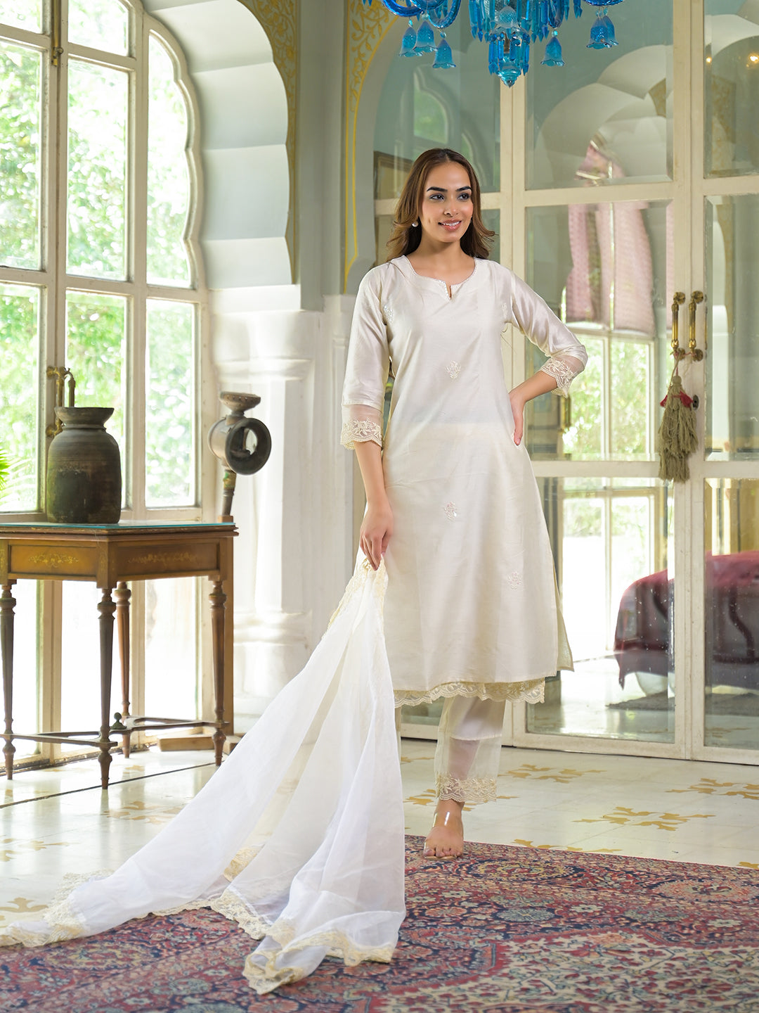 Cream Chanderi Kurta Pant With Dupatta