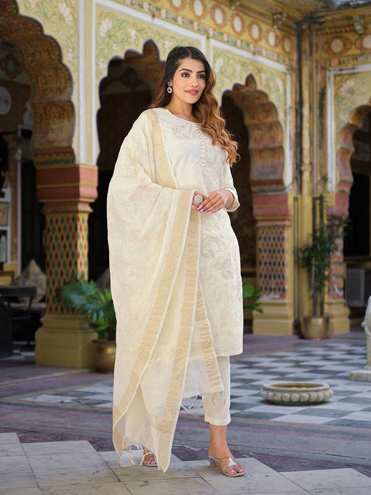 Cream Solid Chanderi Silk kurta Pant With Dupatta