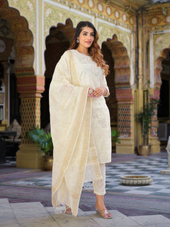 Cream Solid Chanderi Silk kurta Pant With Dupatta