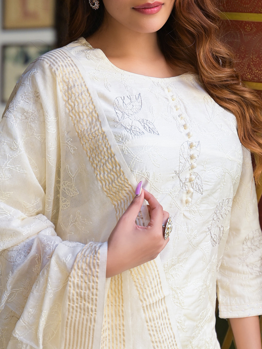 Cream Solid Chanderi Silk kurta Pant With Dupatta