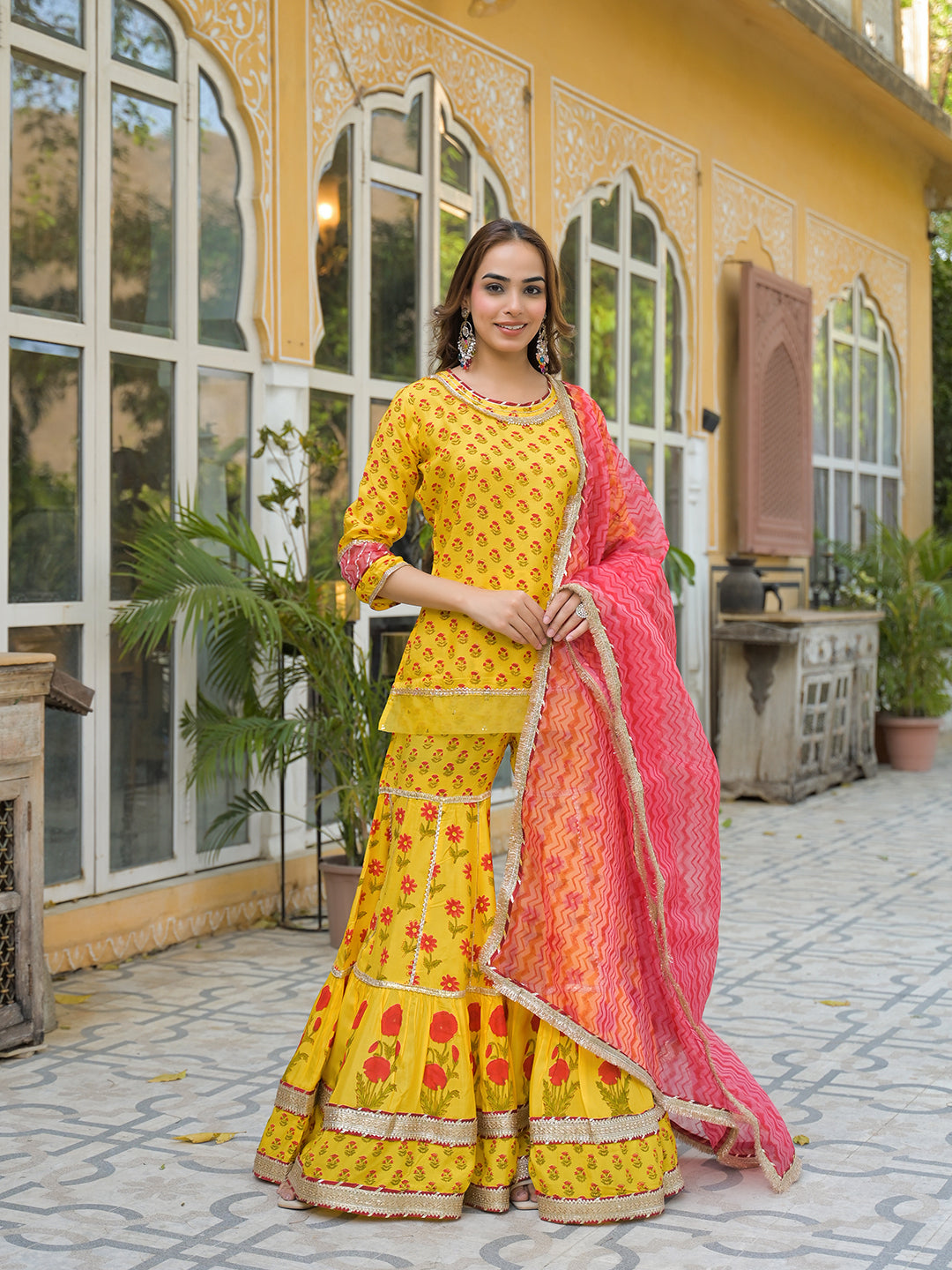 Yellow Muslin Kurti Sharara with Dupatta