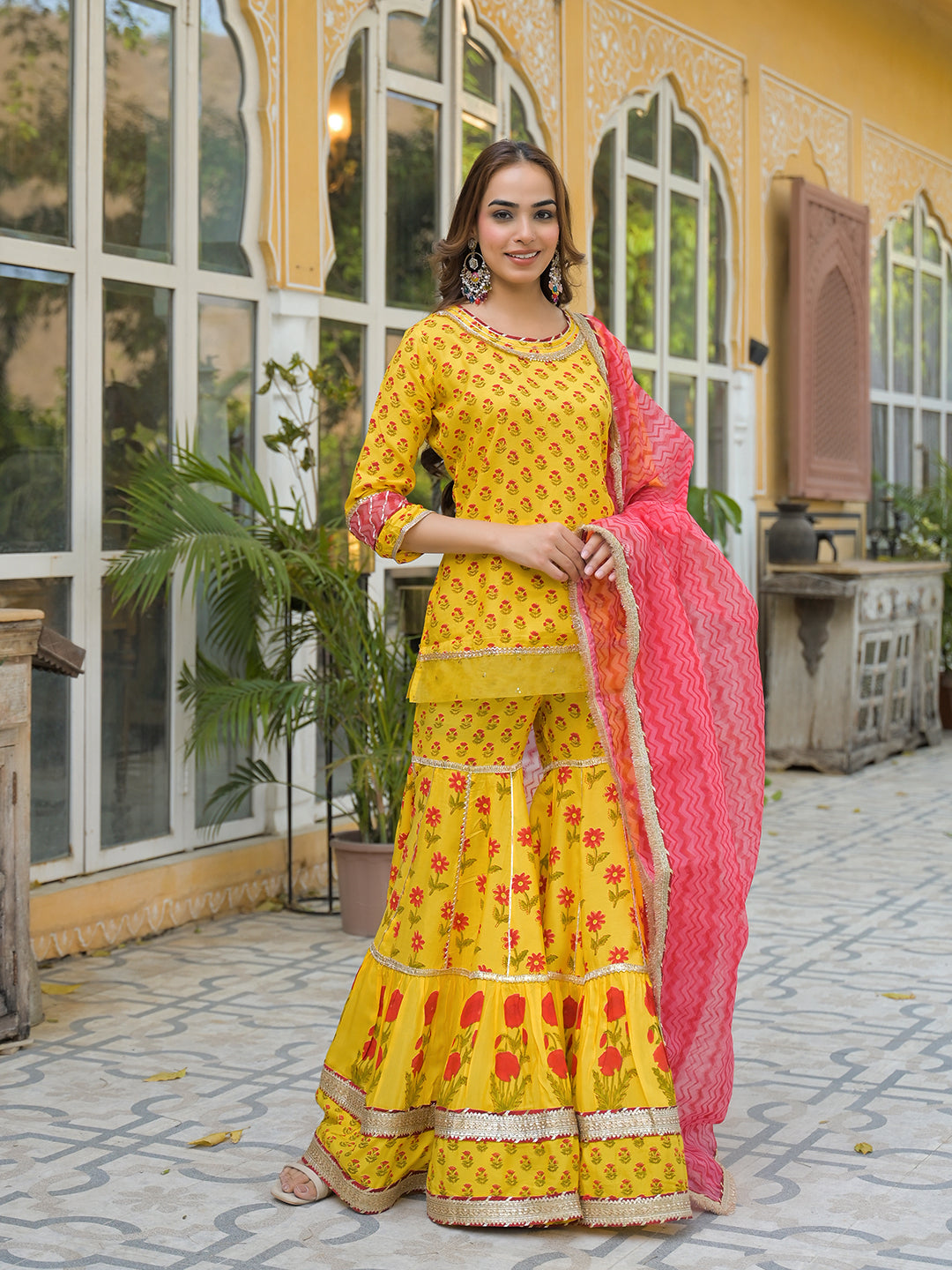 Yellow Muslin Kurti Sharara with Dupatta