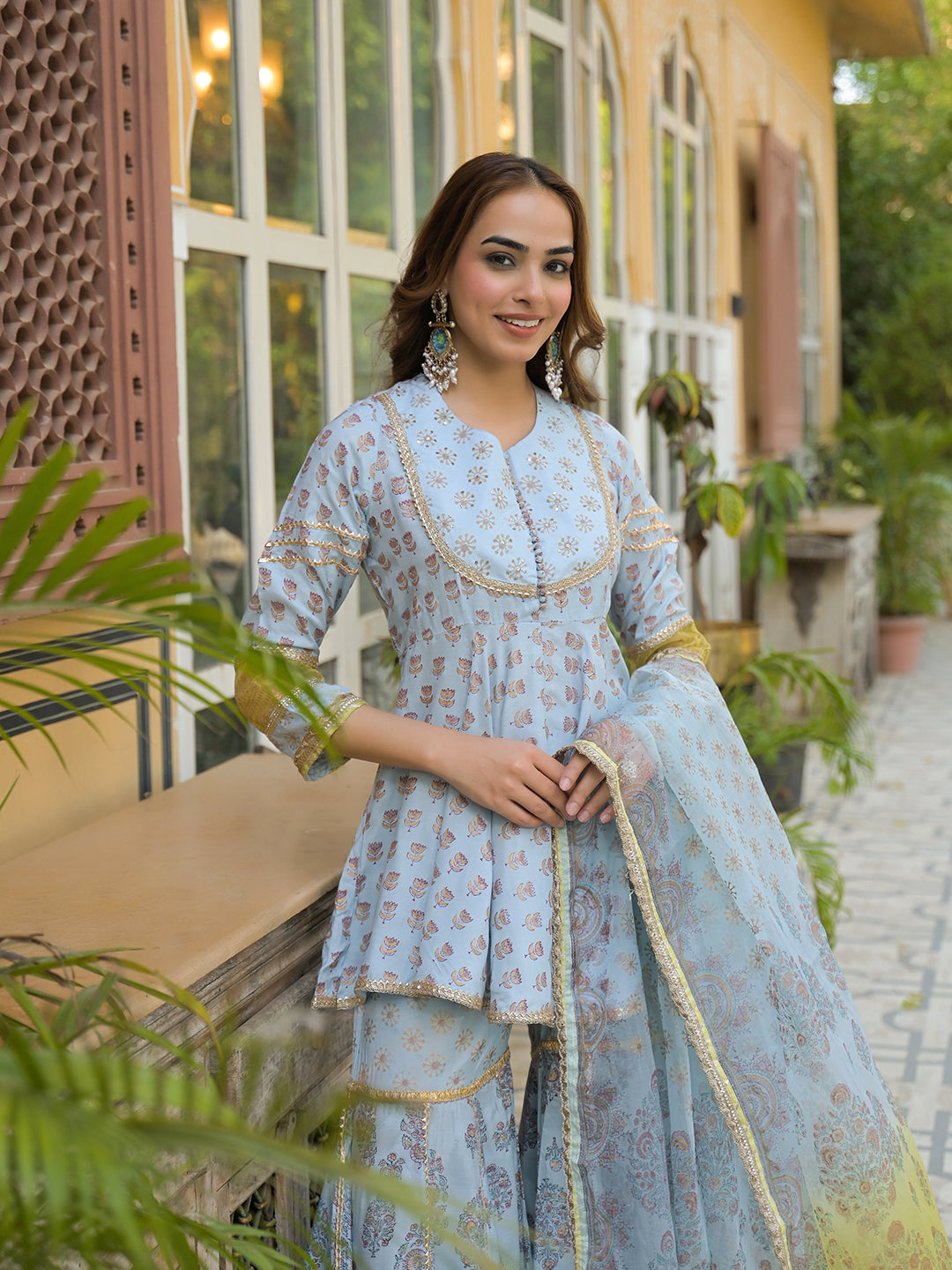 Sky Blue Muslin Kurti Sharara with Dupatta