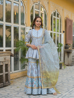 Sky Blue Muslin Kurti Sharara with Dupatta