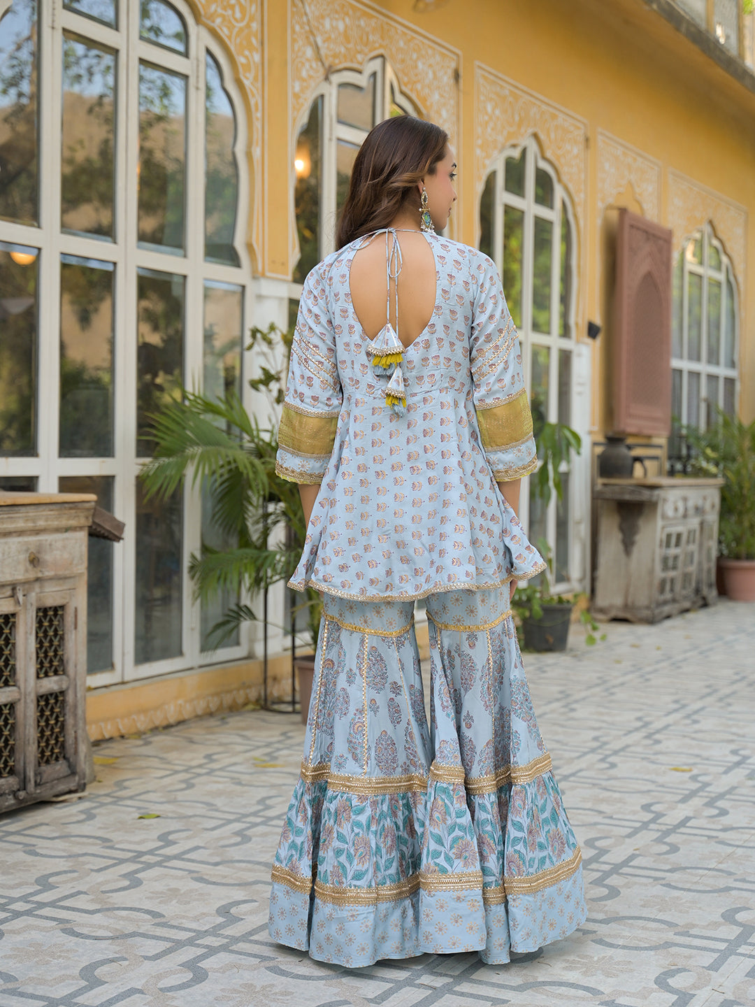Sky Blue Muslin Kurti Sharara with Dupatta