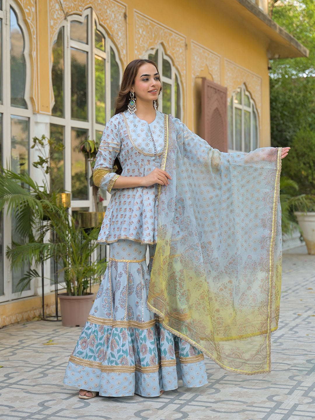 Sky Blue Muslin Kurti Sharara with Dupatta