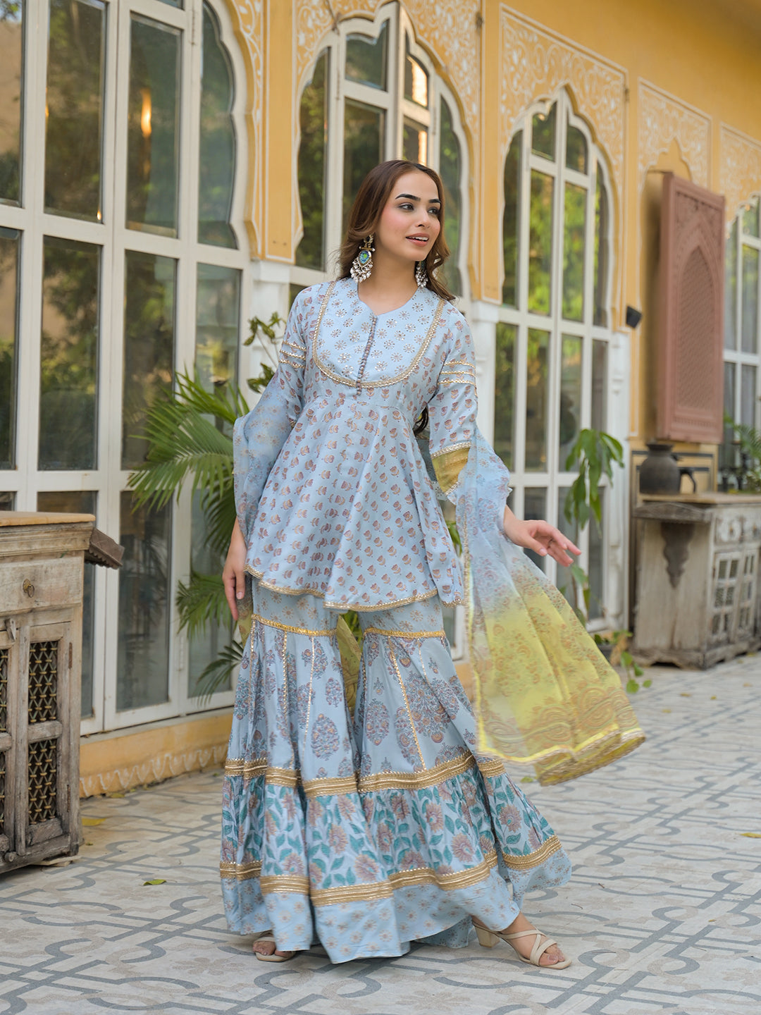 Sky Blue Muslin Kurti Sharara with Dupatta