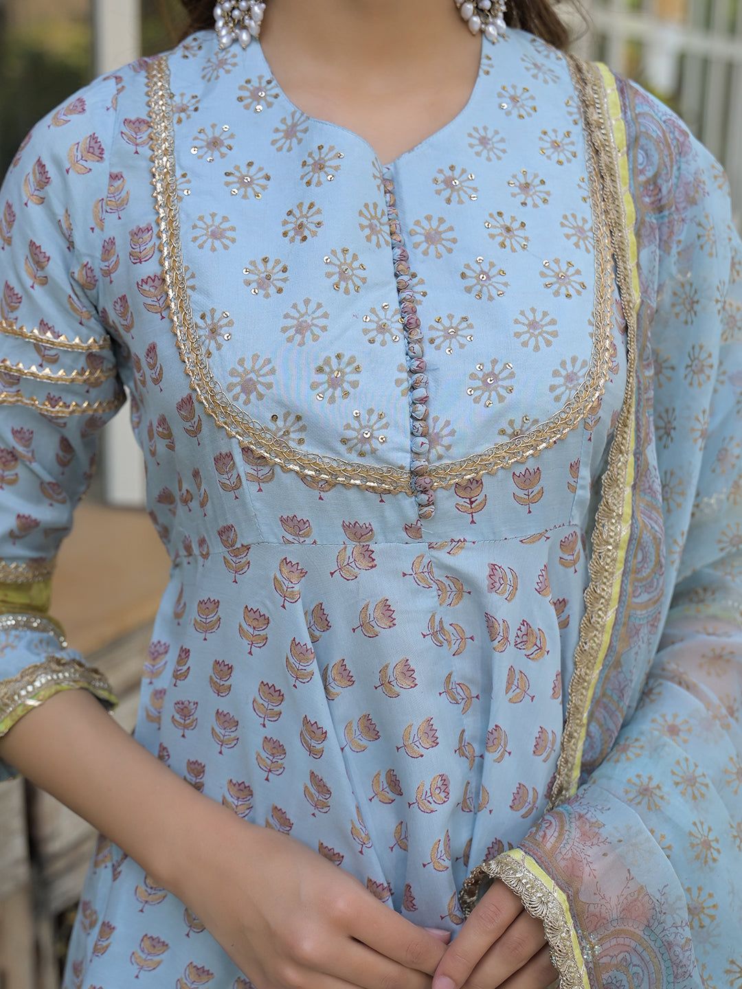 Sky Blue Muslin Kurti Sharara with Dupatta