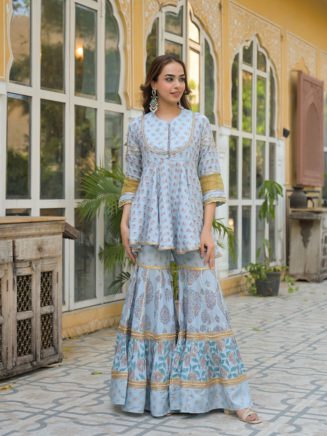 Sky Blue Muslin Kurti Sharara with Dupatta