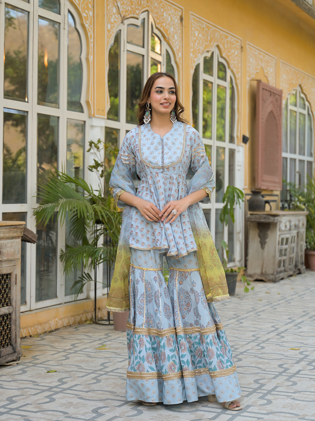 Sky Blue Muslin Kurti Sharara with Dupatta