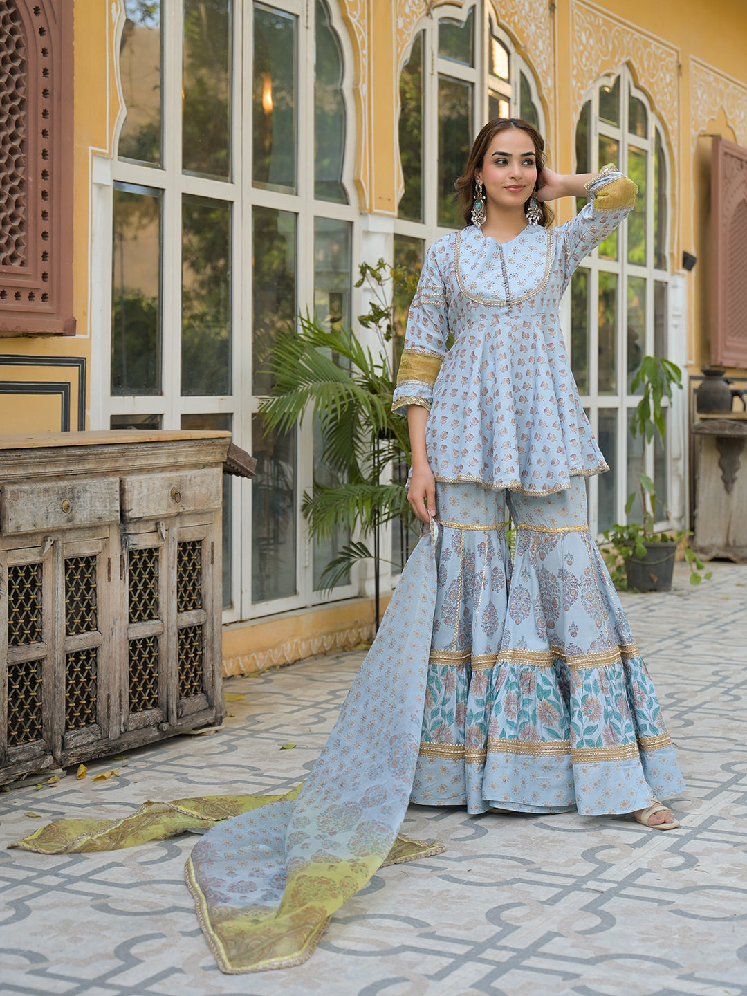 Sky Blue Muslin Kurti Sharara with Dupatta