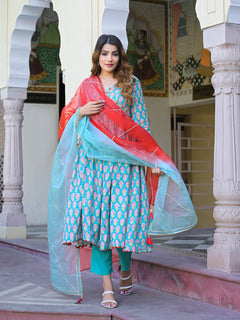 Turquoise blue Floral Muslin Printed Kurta Pand with Dupatta