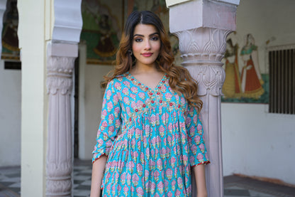 Turquoise blue Floral Muslin Printed Kurta Pand with Dupatta