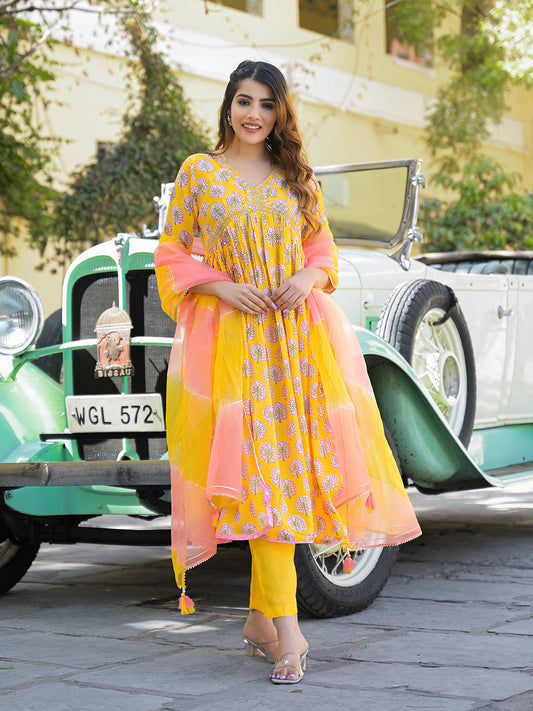 Yellow Floral Print Muslin Fabric A-Line Kurta Pant With Dupatta