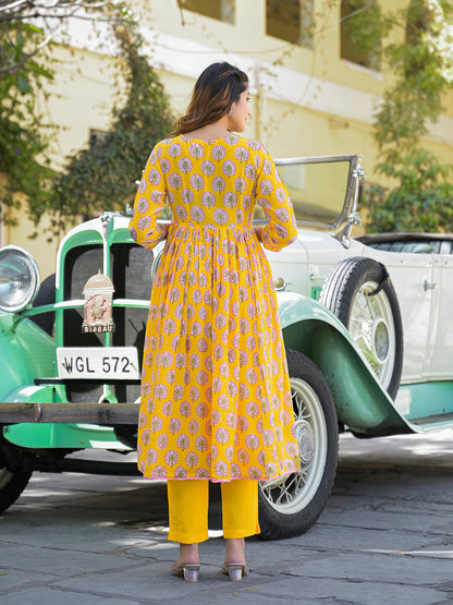 Yellow Floral Print Muslin Fabric A-Line Kurta Pant With Dupatta