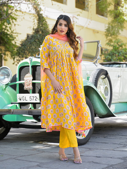 Yellow Floral Print Muslin Fabric A-Line Kurta Pant With Dupatta