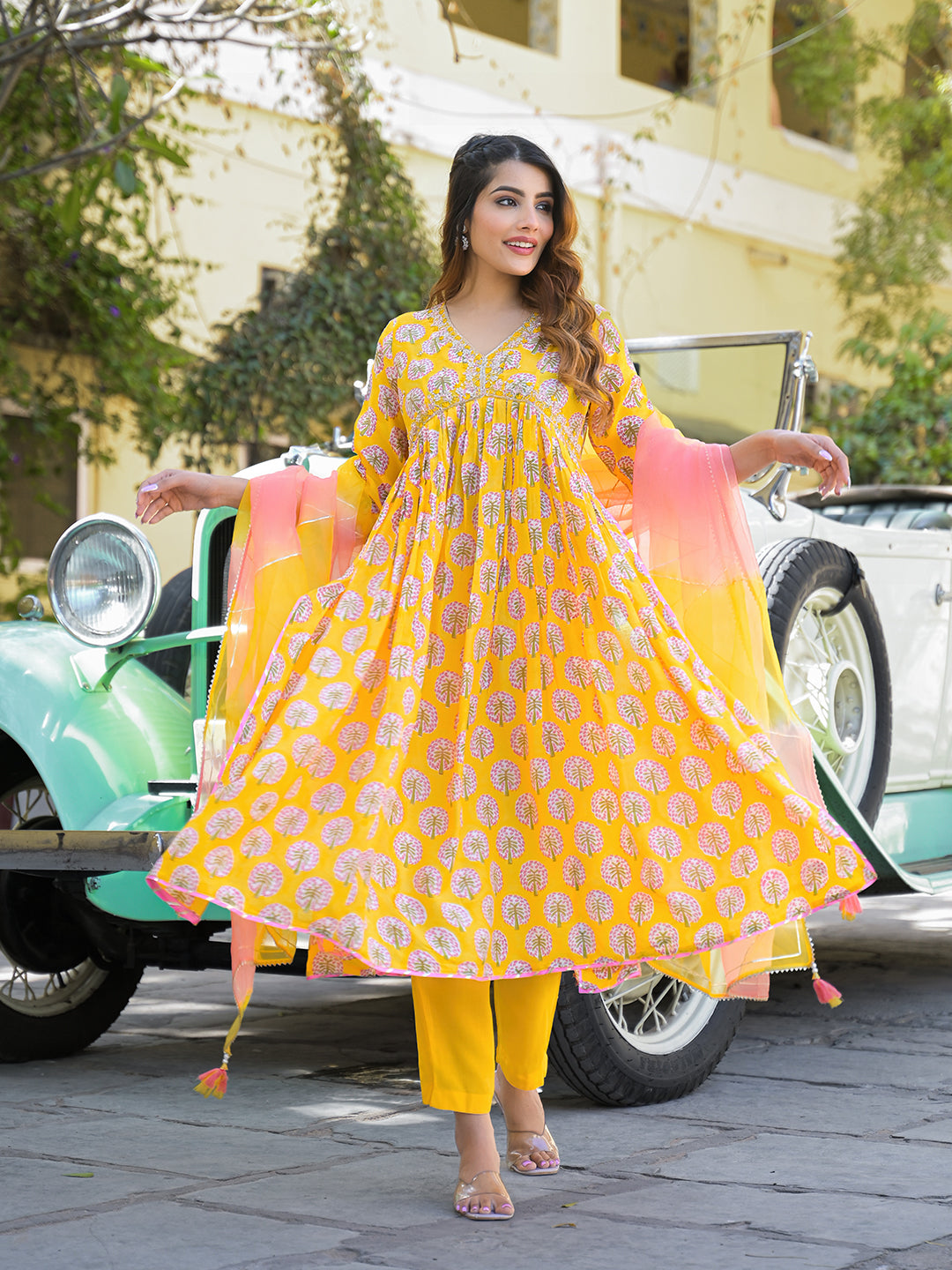 Yellow Floral Print Muslin Fabric A-Line Kurta Pant With Dupatta