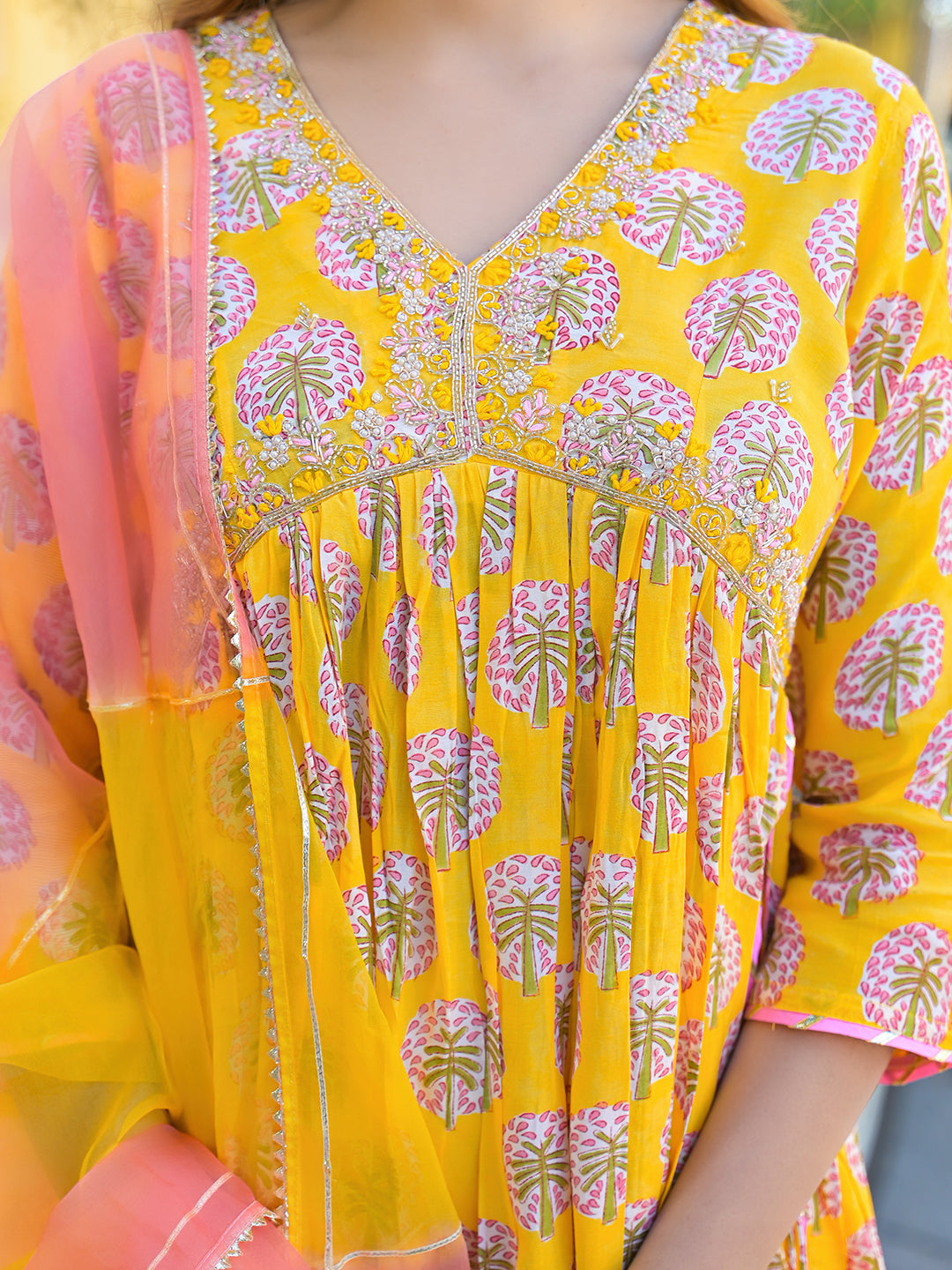 Yellow Floral Print Muslin Fabric A-Line Kurta Pant With Dupatta