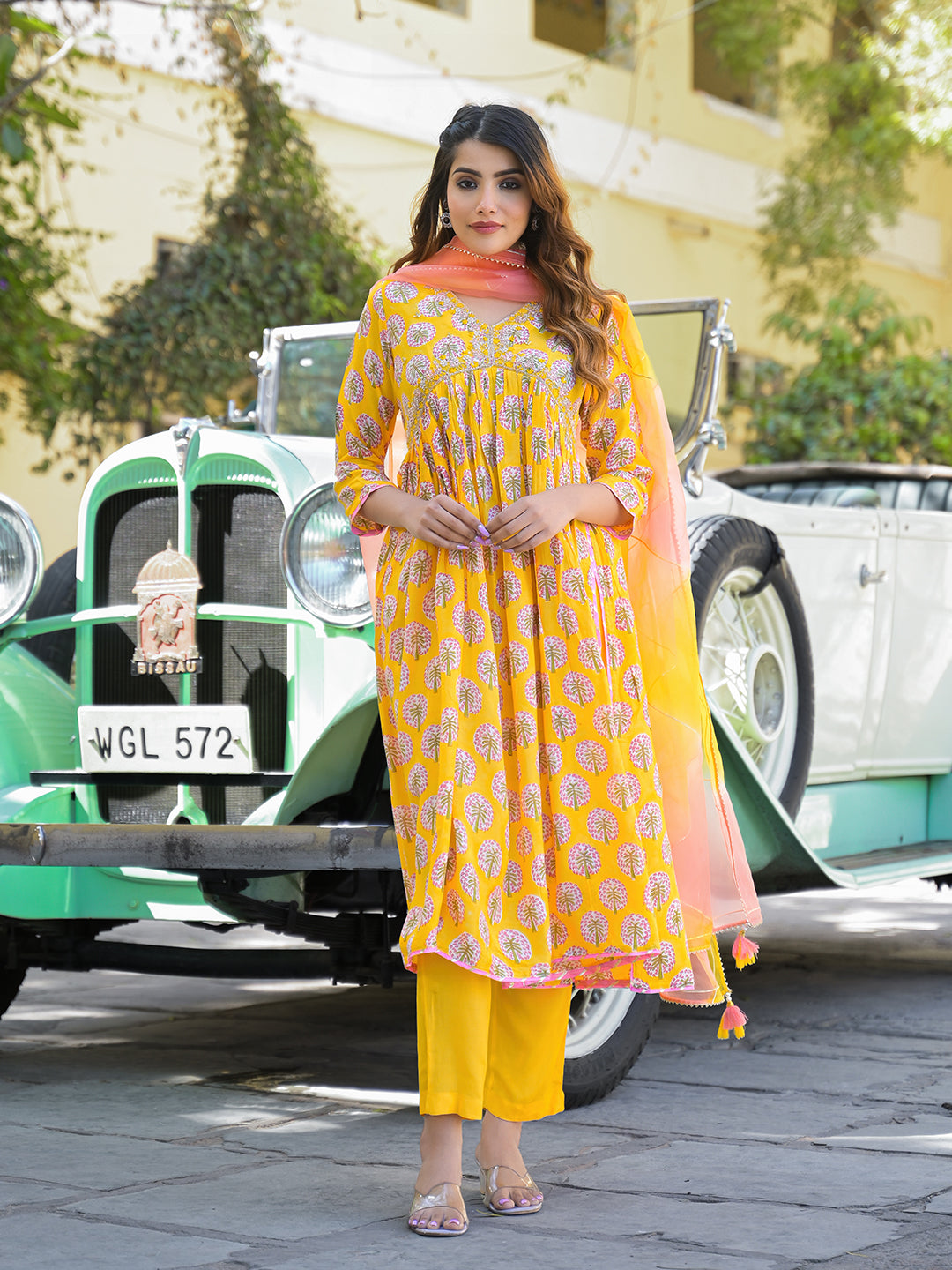 Yellow Floral Print Muslin Fabric A-Line Kurta Pant With Dupatta