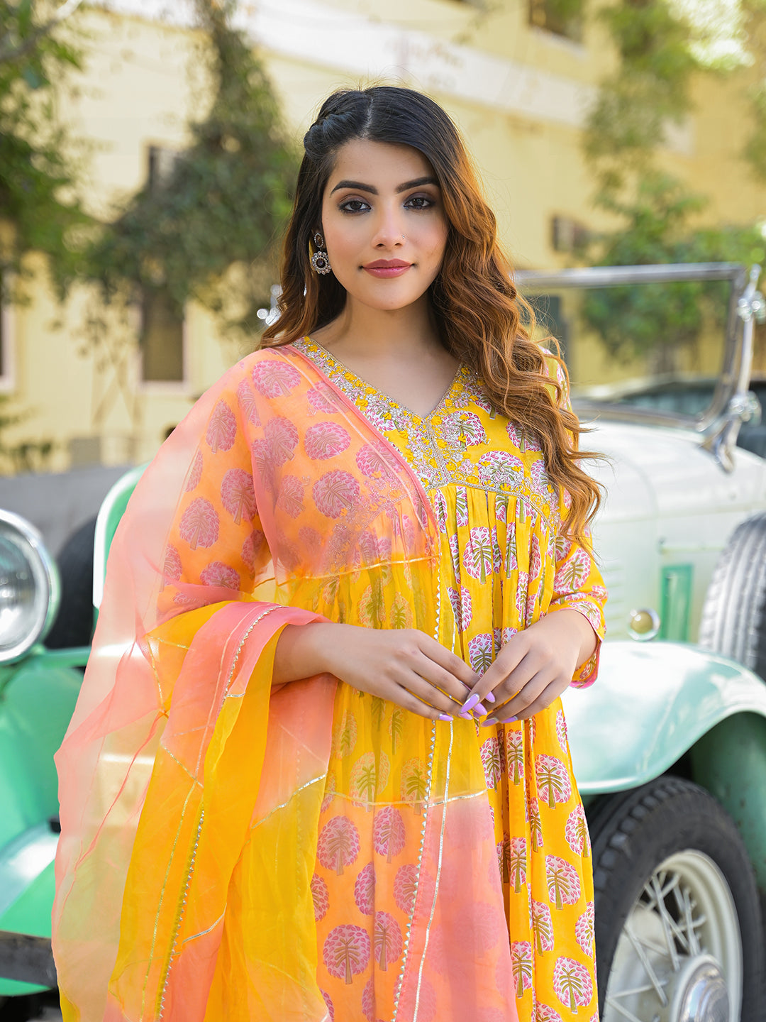 Yellow Floral Print Muslin Fabric A-Line Kurta Pant With Dupatta