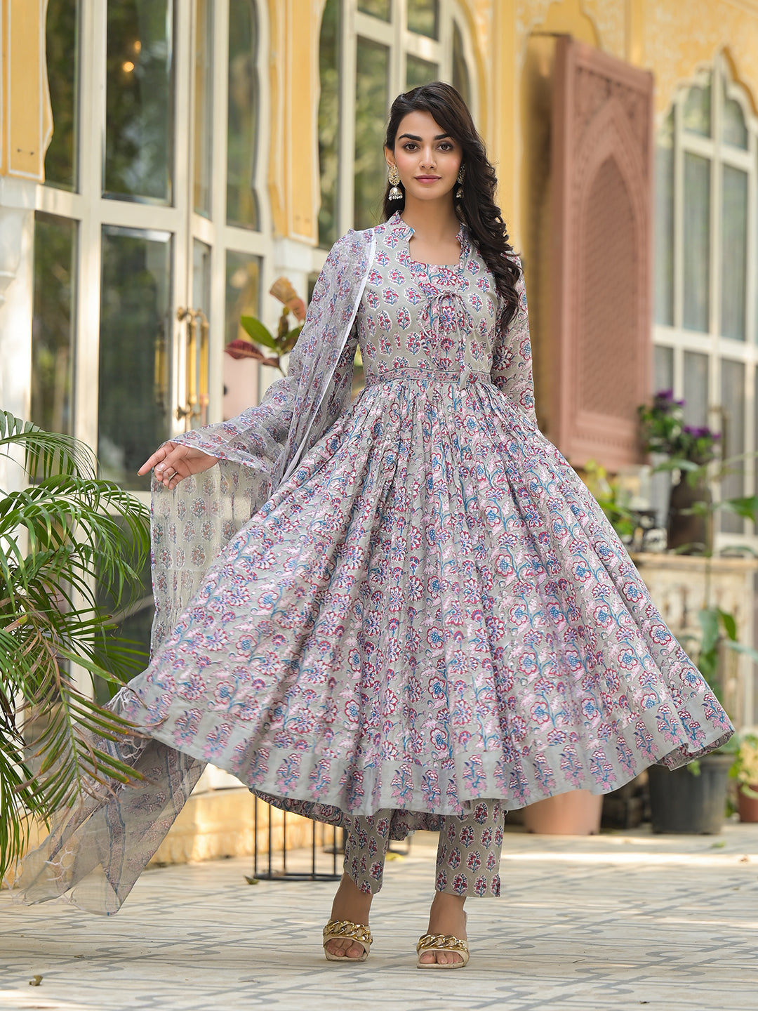 Grey Floral Print Cotton Anarkali Kurta Trouser with Dupatta Set