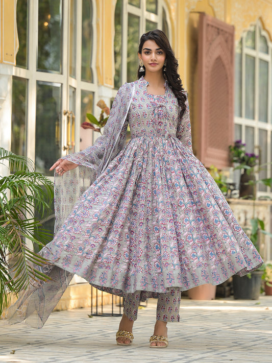 Grey Floral Print Cotton Anarkali Kurta Trouser with Dupatta Set