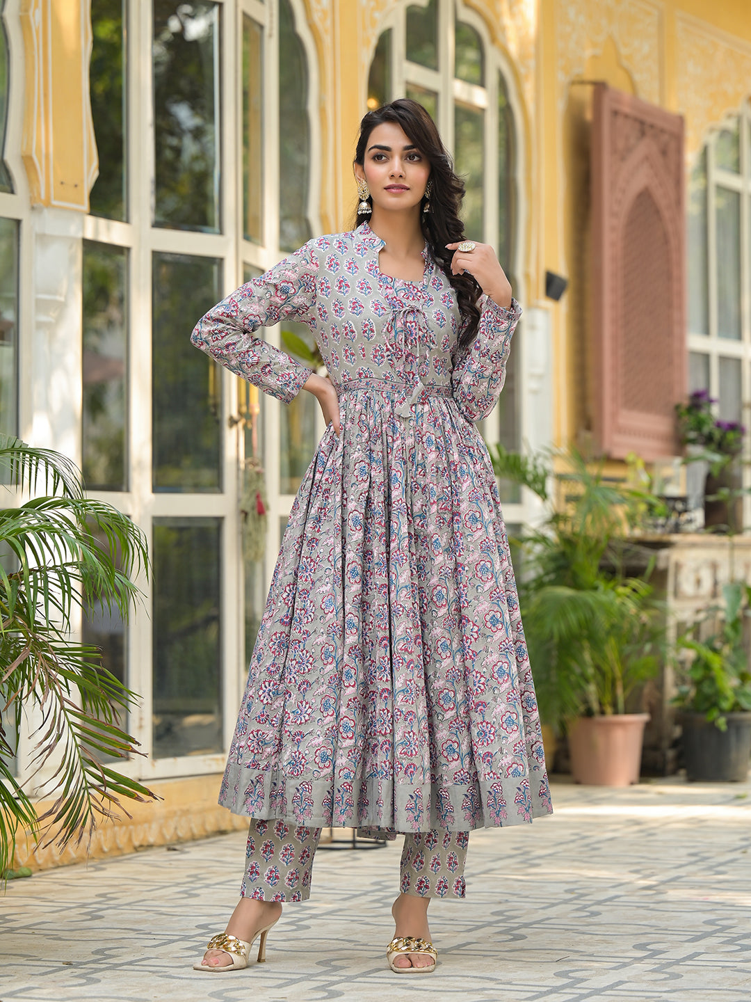 Grey Floral Print Cotton Anarkali Kurta Trouser with Dupatta Set
